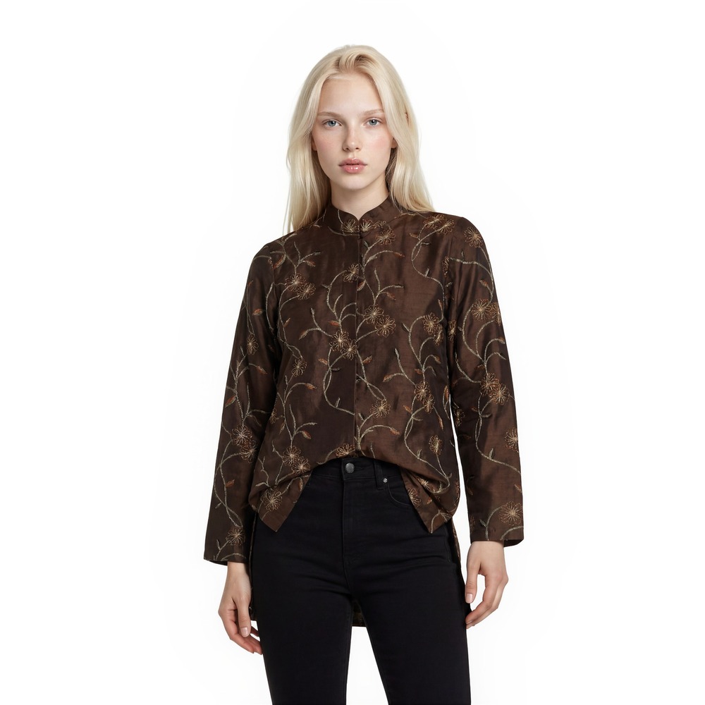 Victor Costa Longline Jacket Women's Size Medium Brown Floral Coat